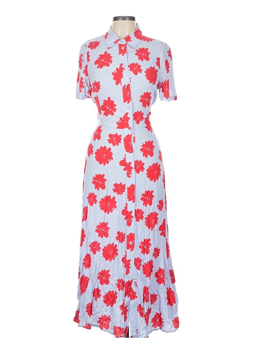 Button-Front Light Blue Maxi Dress with Red Floral Print
